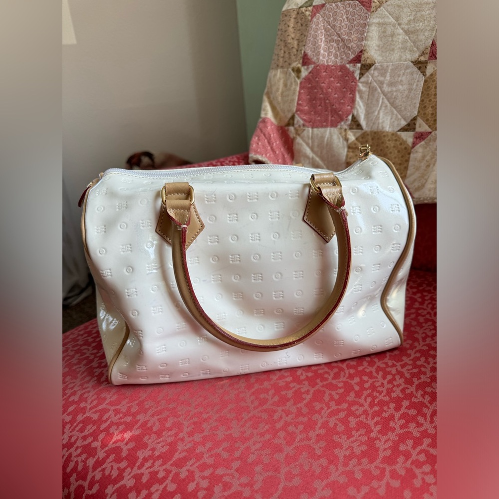 Arcadia White Patent Satchel with Tan Trim and Handles